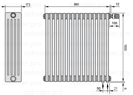Схема (чертеж) Радиатор Zehnder Charleston 5150/15 №V002 Белый глянцевый RAL 9016
